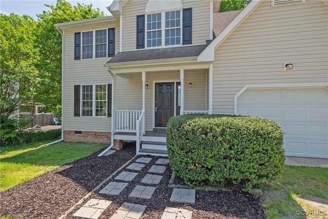 traditional home with a porch, roof with shingles, and crawl space