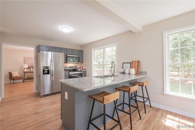kitchen featuring a breakfast bar, a sink, light wood-style flooring, stainless steel appliances, and a peninsula
