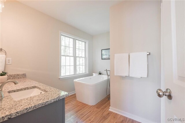 bathroom featuring a freestanding bath, vanity, baseboards, and wood finished floors