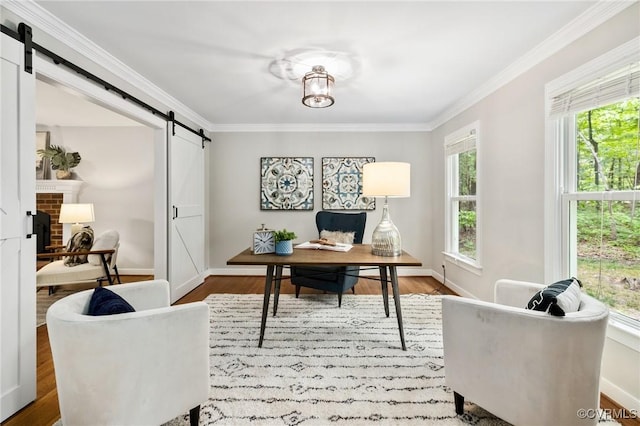 office area with crown molding, a barn door, a healthy amount of sunlight, and wood finished floors