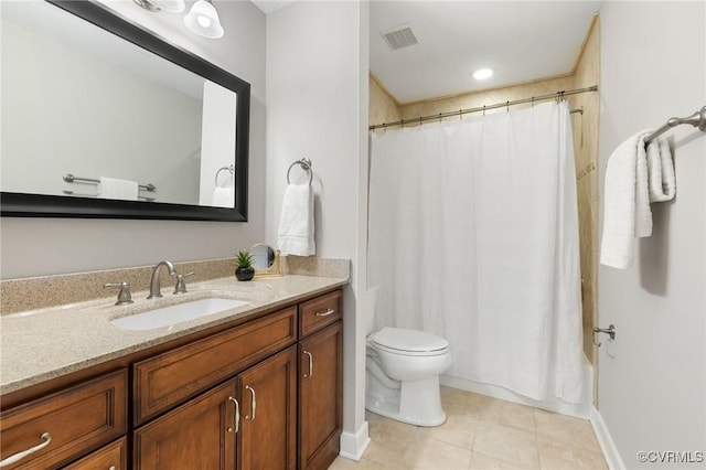 full bath featuring tile patterned flooring, vanity, toilet, baseboards, and visible vents