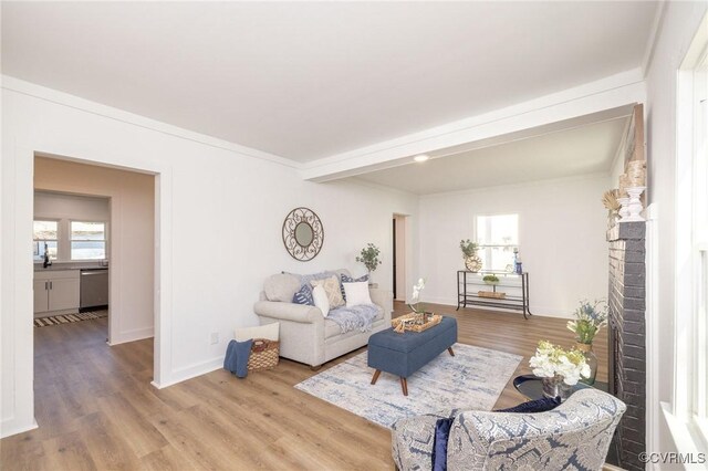 living area with light wood-type flooring, ornamental molding, baseboards, and beam ceiling