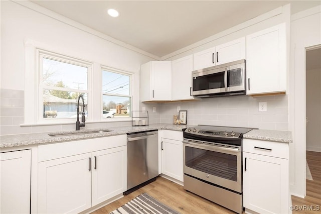 kitchen featuring white cabinetry, tasteful backsplash, a sink, light wood finished floors, and appliances with stainless steel finishes