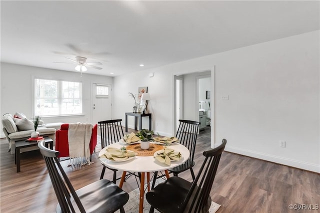 1217 Darbytown Rd, Richmond, VA 23231 - dining space with baseboards, recessed lighting, ceiling fan, and wood finished floors