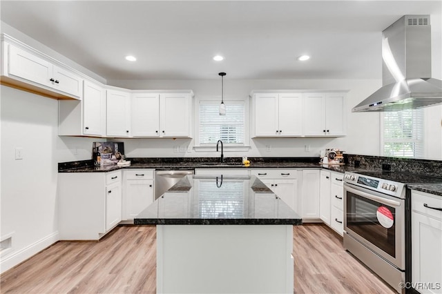 1217 Darbytown Rd, Richmond, VA 23231 - kitchen with a sink, wall chimney exhaust hood, appliances with stainless steel finishes, and a healthy amount of sunlight