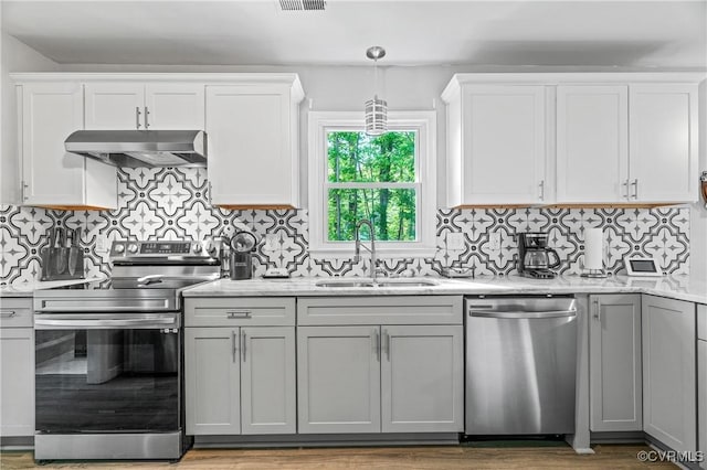 kitchen featuring a sink, tasteful backsplash, stainless steel appliances, and under cabinet range hood