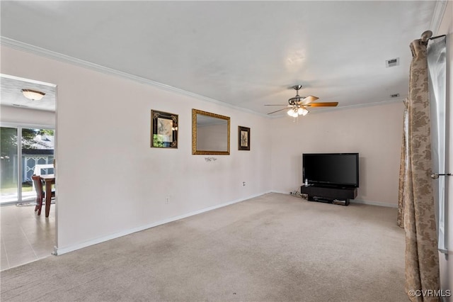 unfurnished living room featuring crown molding, ceiling fan, light carpet, and baseboards