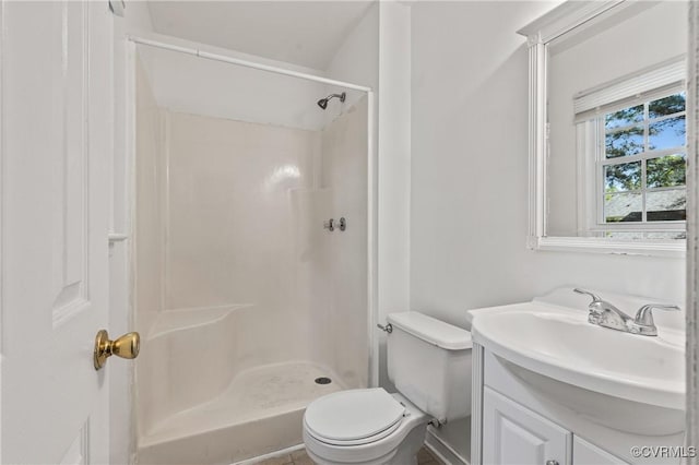 bathroom with vanity, toilet, and a stall shower