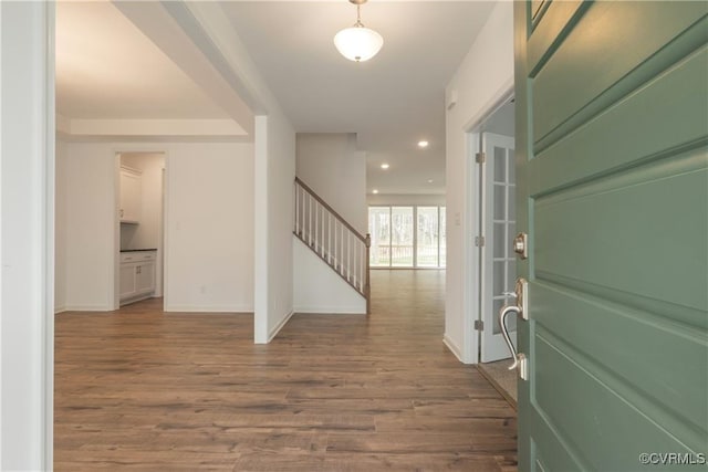 6081 Brickshire Dr, Providence Forge, VA 23140 - entrance foyer featuring baseboards, recessed lighting, stairs, and dark wood-style floors