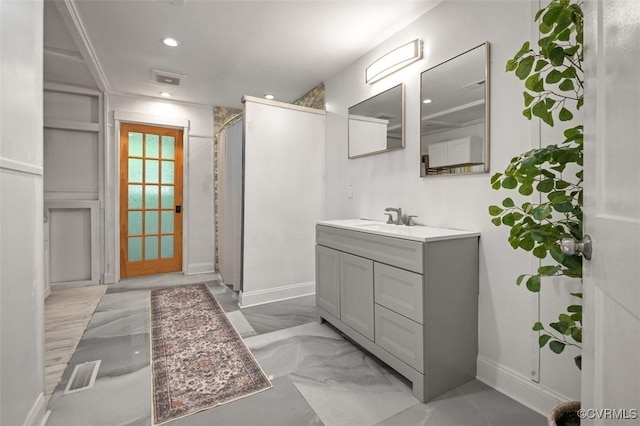 8330 Battery Gregg Ct, Henrico, VA 23231 - bathroom featuring a shower, vanity, baseboards, recessed lighting, and marble finish floors