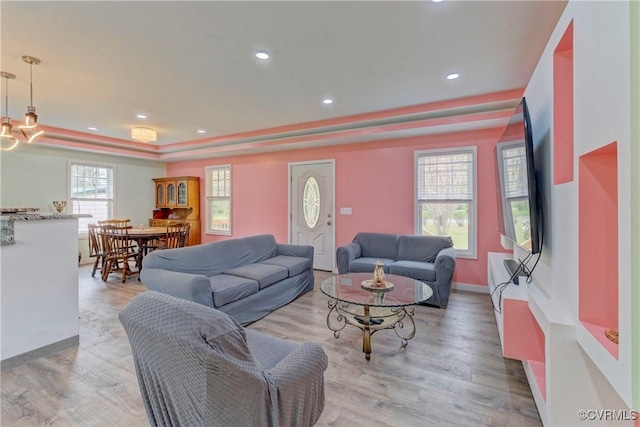343 Liberty Rd, Buckingham, VA 23123 - living room with a raised ceiling, recessed lighting, light wood-style floors, and baseboards