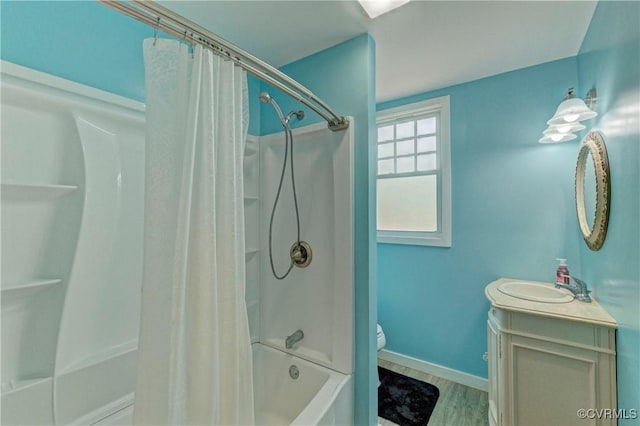 343 Liberty Rd, Buckingham, VA 23123 - full bathroom featuring toilet, shower / bathtub combination with curtain, wood finished floors, and vanity