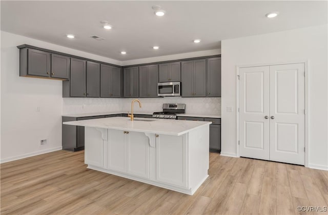 kitchen with visible vents, decorative backsplash, a sink, light wood finished floors, and appliances with stainless steel finishes