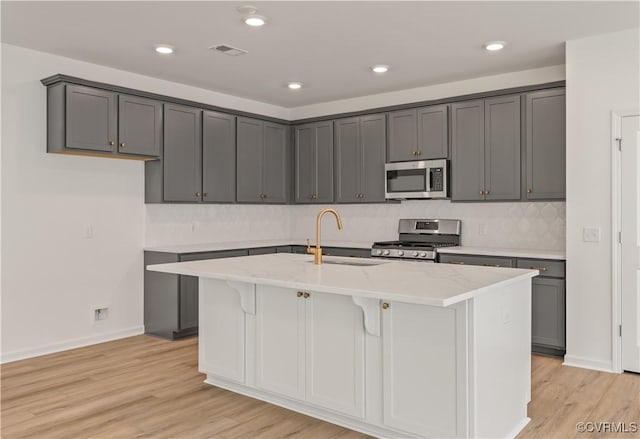 kitchen with visible vents, a kitchen island with sink, light wood-style floors, a sink, and appliances with stainless steel finishes