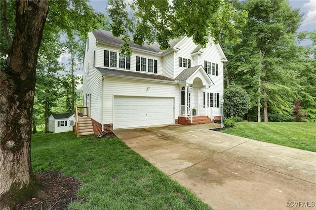 traditional home featuring an attached garage, driveway, and a front lawn