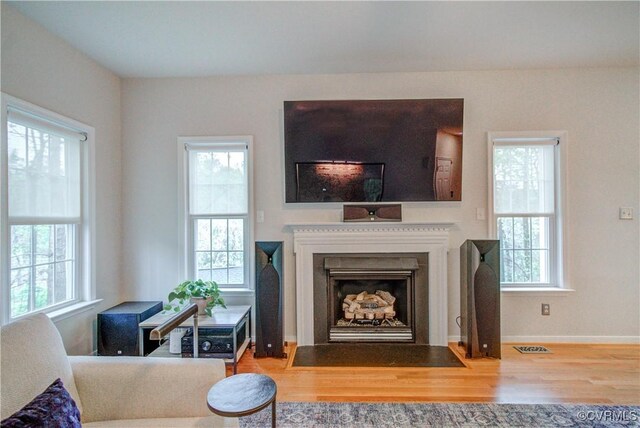 living room featuring wood finished floors, plenty of natural light, a fireplace with flush hearth, and baseboards