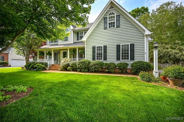 traditional-style house with a porch and a front lawn