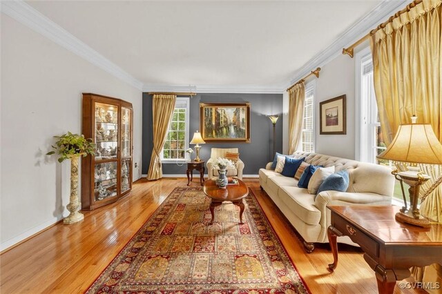 living area with crown molding, baseboards, and wood finished floors