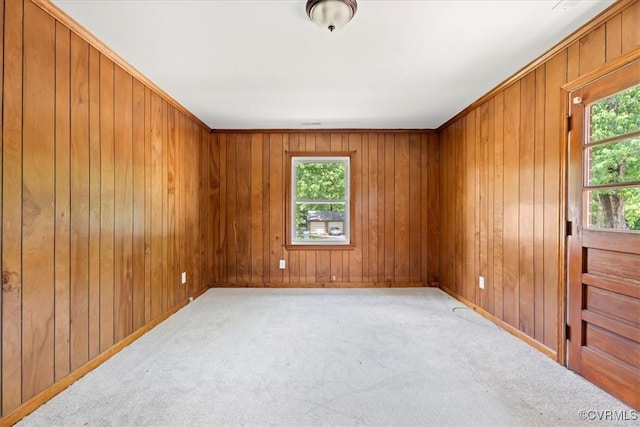 carpeted spare room with baseboards, plenty of natural light, and wood walls