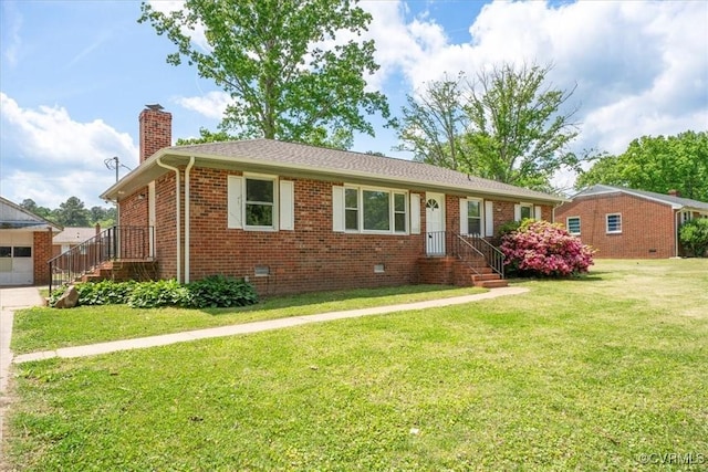 single story home featuring a chimney, crawl space, a front lawn, and brick siding