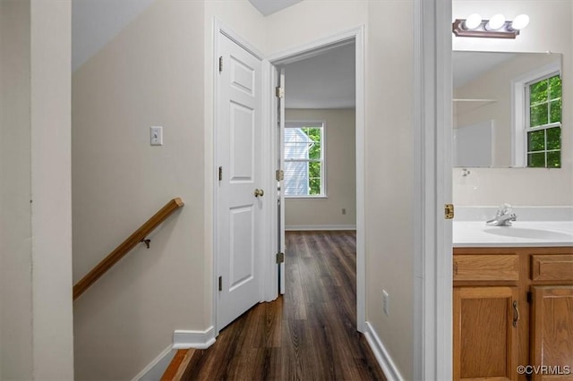 hall featuring baseboards, a sink, dark wood-style floors, and a healthy amount of sunlight