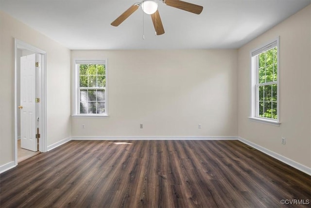 unfurnished room featuring dark wood-type flooring, baseboards, and a wealth of natural light