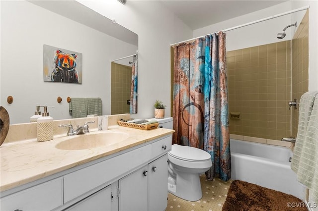 full bathroom featuring shower / bath combo with shower curtain, toilet, tile patterned flooring, and vanity