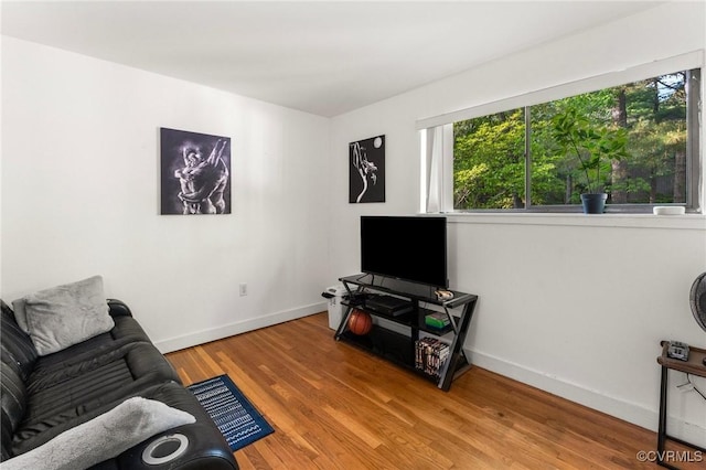 living area with baseboards and wood finished floors