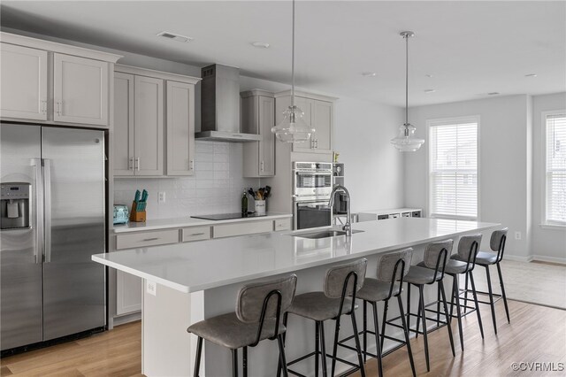 kitchen featuring visible vents, a center island with sink, wall chimney range hood, light wood finished floors, and appliances with stainless steel finishes