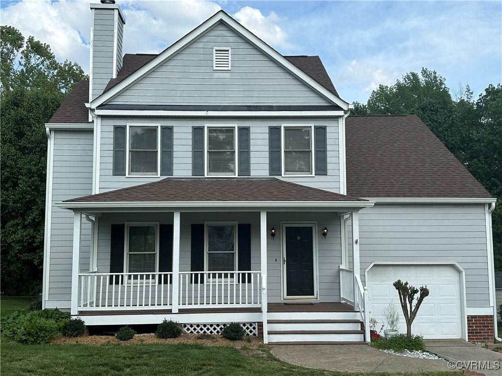 9230 Crystal Brook Ter, Glen Allen, VA 23060 - view of front of property with a shingled roof, covered porch, and a chimney