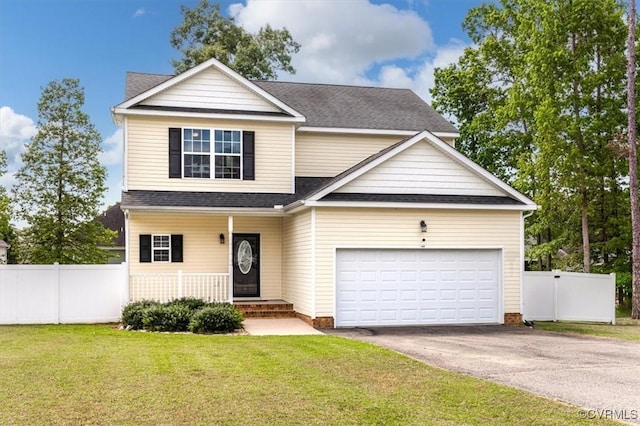 view of front of home featuring fence, roof with shingles, aphalt driveway, a garage, and a front yard