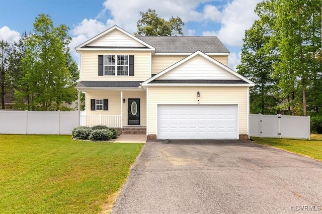 view of front of house with aphalt driveway, fence, covered porch, a front yard, and an attached garage