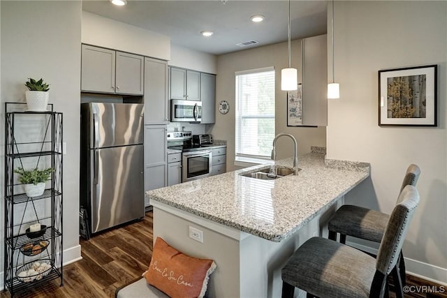 kitchen with appliances with stainless steel finishes, a sink, a peninsula, baseboards, and gray cabinetry