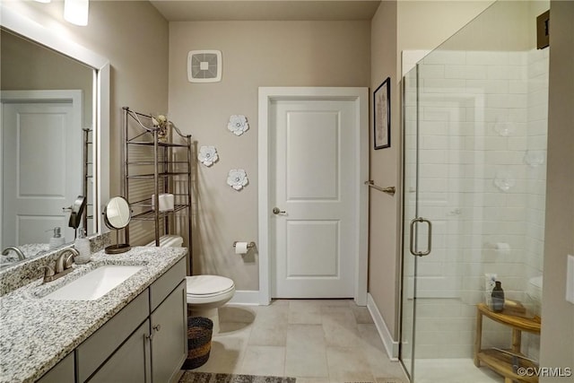 bathroom with vanity, visible vents, toilet, baseboards, and a shower stall