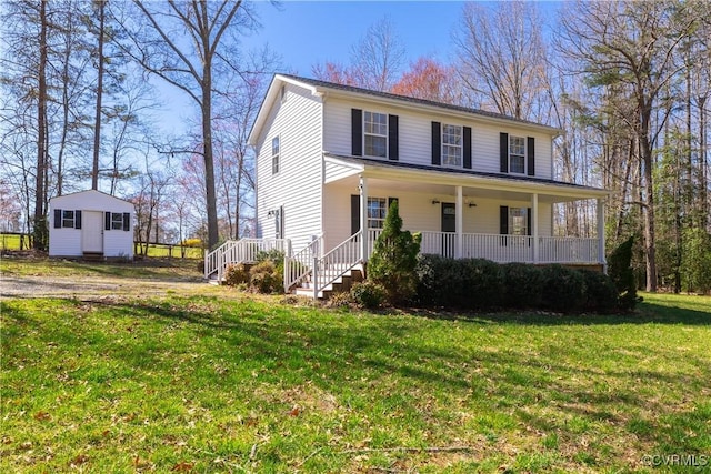 view of front facade featuring a front lawn and covered porch
