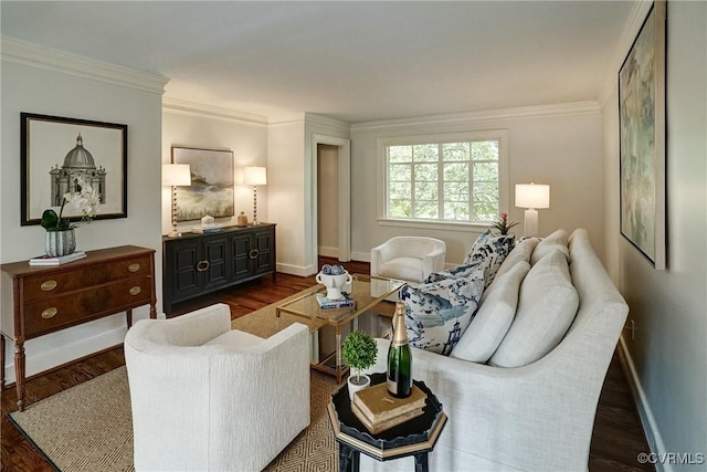 living area featuring baseboards, ornamental molding, and dark wood-style flooring