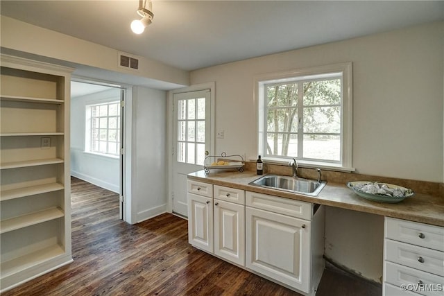 kitchen with a sink, plenty of natural light, white cabinetry, and visible vents