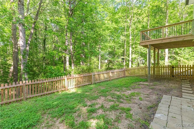 view of yard featuring a fenced backyard and a wooden deck