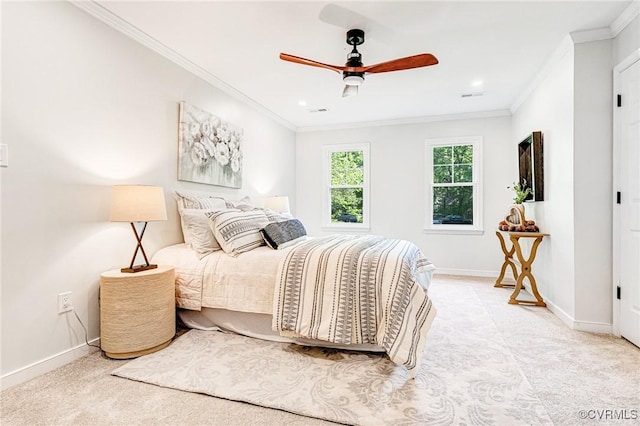 bedroom featuring crown molding, recessed lighting, baseboards, and light colored carpet