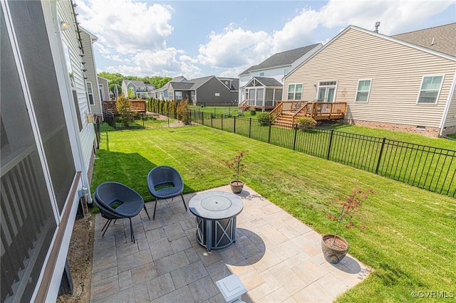 view of patio featuring a residential view, a fenced backyard, and a wooden deck