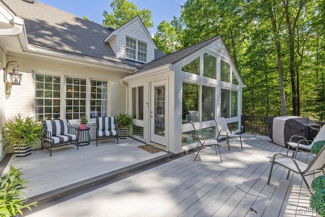 2951 W Maple Grove Ln, Powhatan, VA 23139 - wooden terrace with a grill, a sunroom, and french doors
