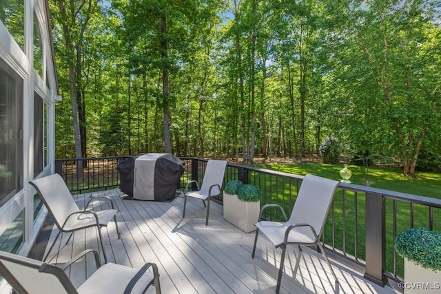 2951 W Maple Grove Ln, Powhatan, VA 23139 - wooden deck featuring a grill and a lawn