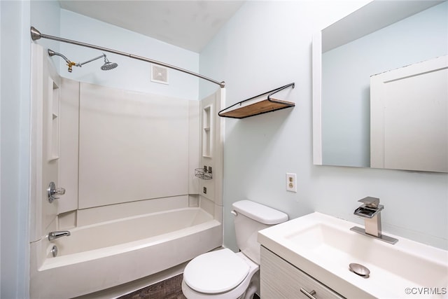 full bath featuring vanity, shower / bathing tub combination, visible vents, and toilet