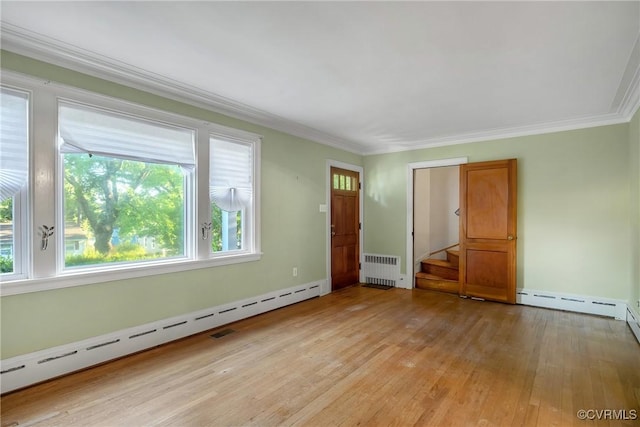 102 Norman Dr, Henrico, VA 23227 - unfurnished room featuring baseboard heating, light wood finished floors, radiator heating unit, ornamental molding, and stairway