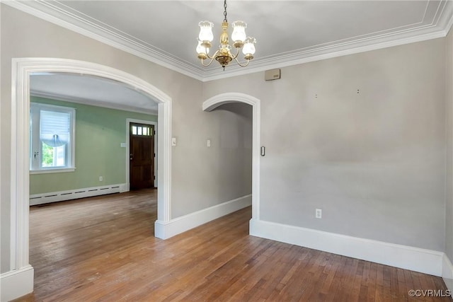 102 Norman Dr, Henrico, VA 23227 - empty room with arched walkways, baseboards, a baseboard heating unit, light wood finished floors, and a chandelier