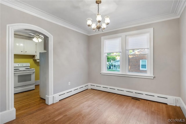 102 Norman Dr, Henrico, VA 23227 - unfurnished dining area featuring wood-type flooring, ornamental molding, visible vents, baseboards, and ceiling fan with notable chandelier