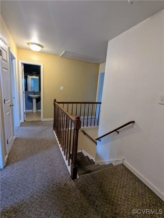 3900 Elmswell Dr, Richmond, VA 23223 - staircase with carpet, baseboards, and attic access