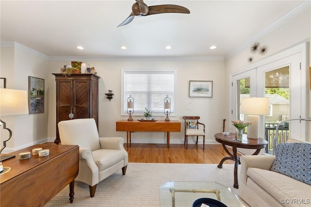4708 Hanover Ave, Richmond, VA 23226 - living area with crown molding, recessed lighting, ceiling fan, and wood finished floors