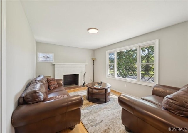 112 Webster Rd, Sandston, VA 23150 - living room featuring healthy amount of natural light, wood finished floors, a fireplace with flush hearth, and baseboards