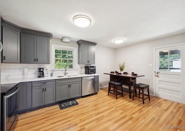 112 Webster Rd, Sandston, VA 23150 - kitchen featuring appliances with stainless steel finishes, a sink, decorative backsplash, gray cabinetry, and light wood-style flooring